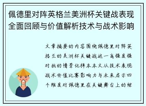 佩德里对阵英格兰美洲杯关键战表现全面回顾与价值解析技术与战术影响